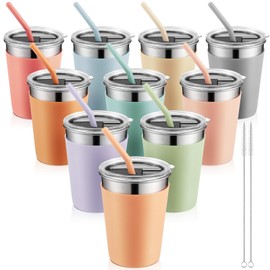 Tanlade 10 Pcs 12 oz Multi Colored Stainless Steel Cups with Silicone Heat Insulated Sleeves with Lids and Silicone Straws Reusable Tumbler Cups Gifts for Cold or Hot Drinks(Full Sleeve)