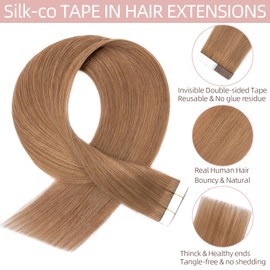 Silk-co Tape-In Real Hair Extensions, 40 Pieces, Remy Tape Extensions, Real Hair, Skin Weft Hair Extensions, Glue Tape-In Hair Extensions, 100 g, 06# Light Brown, 40 cm