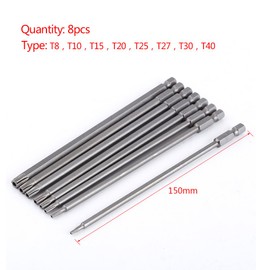 8 Pieces 150 mm S2 Steel Star T8, T10, T15, T20, T25, T27, T30, T40 Torx Bits Torx Long Bits Head Screwdriver Set Bits Hand Tool Set Drill Magnetic Screwdriver Set