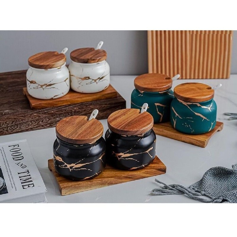 MAGICVOGEL Set of 2 Marble Look Spice Jars with Lid