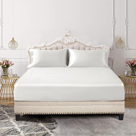 SiinvdaBZX 3-Piece Set Satin Twin XL Fitted Sheet & 2 Pillowcase, Ivory White Silky Soft Fitted Bottom Sheet Twin Extra Long Bed Sheets, Wrinkle Free, Fade Resistant (Deep Up to 15")