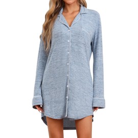 cheibear Womens Nightgowns Maternity Button Down Pajamas Long Sleeve Nightgowns V Neck Sleep Dress Short Sleep Shirts X-Small Blue