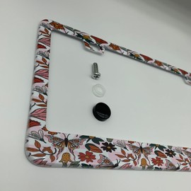 Supdanautodechere Boho Floral Butterflies Decorative License Plate Frame, 2 Holes Matte White Powder Coated Stainless Steel Car License Plate Cover Holder for Standard US Vehicles 6 x 12 inches