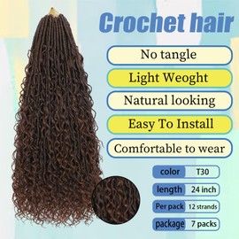 Goddess Locs Crochet Hair 24 Inch Pre Looped Braiding Hair 84 Strands Brown Ombre Bohemian Faux Locs Boho Braids River Locs Dreadlocs Hair for Black Women