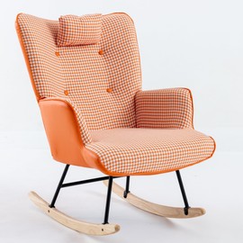 INMOZATA Rocking Chair Cotton Linen Upholstered Rocking Chair for Adults, Comfy Wingback Glider Rocker with Solid Wood Base for Living Room, Nursery, Bedroom, Orange