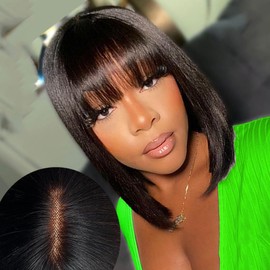 2 x 1 Straight Real Hair Wig Lace Front Wig Human Hair Wig with Bang Short Bob Wig Human Hair with Bang Real Hair Wig Bob With Bangs 10 Inches