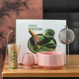 Matcha Bowl with Spout, Matcha Whisk and Holder, Bamboo Scoop, Stainless Strainer, Matcha Tea Set for Starter (Pink), Pack of 5