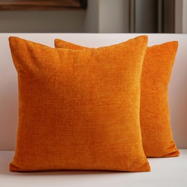 Encasa Chenille Cushion Covers Set of 2 | Orange - (16"x16") (40x40 cm) | Decorative Accent Square Throw Pillow Cases For Couch, Home Decor, Sofa