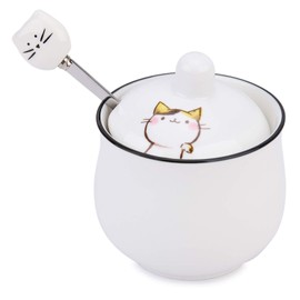 Kitchenexus Small Ceramic Sugar Bowl, Porcelain Sugar Bowl with Lid and Stainless Steel Spoon 8.5oz/240ml with Cat Pattern, Suit for Coffee Bar, Kitchen and Home breakfast, Best Gift for Cat Lovers