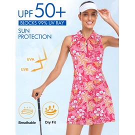 Cucuchy Style Tennis Outfits for Women Golf Dresses with Inner Shorts Pockets Athletic Polo Zip Up Lightweight Quick Dry Dress Exercising Floral Pink L