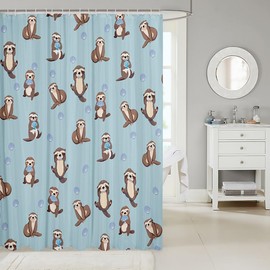 Feelyou Kids Cute Sea Otter Shower Curtain Blue Ocean Shell Bathroom Shower Curtain Sets Girls Boys Kawaii Underwater Animal Decor Bath Curtain Polyester Bathroom Accessories 72"x72"