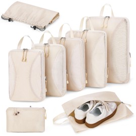 Anjing Packing Cubes Compression - 8-Piece Suitcase Organiser Set with Compression, Compressible Packing Cubes for Organisation, Packing Cubes for Suitcases, Beige