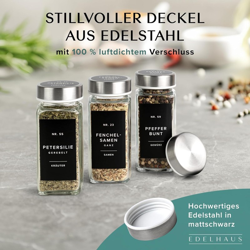 Glass Spice Jars with Labels and Steel Lids (24 x