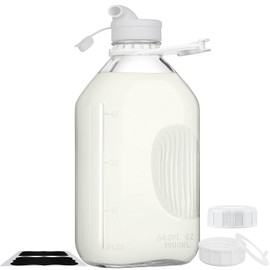 2 Qt Glass Milk Bottle with Reusable Strong Airtight SCREW LID, 64 Oz Glass Juice Bottles for Almond Milk, Oat Milk - 0.5 Gal Glass Water Bottle with 2 Exact Scale Lines, Extra Handle AND Cap！