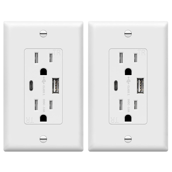 TOPGREENER USB Outlet, Type C USB Wall Charger Outlet, 15 Amp TR Receptacle Plug, Charging Power Outlet with USB Ports, Electrical USB Socket, UL Listed, TU21536AC-W-2PCS, White, 2 Pack