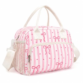 Lunch Box for Women Girls Cute Insulated Lunch Bag Large Lunch Tote bags with Adjustable Strap for Work Picnic School (Bow Pink Stripes)