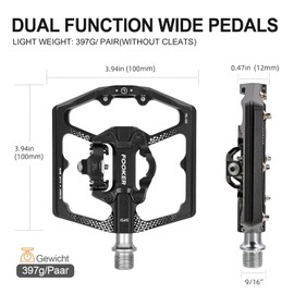 FOOKER MTB Mountain Bike Pedals, Dual Function Flat and Pedal,3 Sealed Bearing Flat Platform Compatible with Clipless Pedal Aluminum 9/16" Pedals with Cleats for Road Mountain BMX MTB