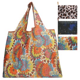 3Pack Foldable Reusable Shopping Bags, Portable, Lightweight Shopping Bag, Waterproof Nylon, Vegetable, Fashionable Storage,Extra Large, Foldable & Machine Washable