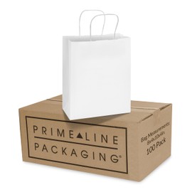 Prime Line Packaging White Paper Gift Bags, Kraft Gift Bags with Handles for Small Business, Boutique, Retail, Shopping, Birthdays, Favors, Bulk, 8x4x10, 100 Pack