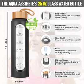 Aqulea Glass Water Bottles 25 Oz with Silicone Sleeve - BPA Free Reusable Wide Mouth Glass Motivational Water Bottles with Fruit Infuser – Leak Proof Borosilicate Water Bottle with Time Marker (Black)