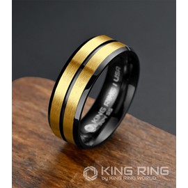 King Ring 8mm Flat Lines Ring – Ultra Polished Mens Ring with Two Matt Lines Stainless Steel Wedding Band K18 – Black Gold 11