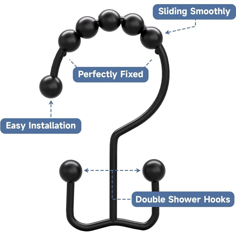 Titanker Black Shower Curtain Hooks Rings, Rust-Resistant Metal Double Glide