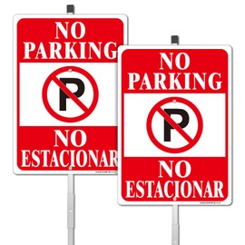 No Parking English Spanish Bilingual Sign, 2 Pack-14"x10"Reflective Aluminum with 36" Long Metal Stakes Set, UV Protected, Fade Resistant, Portable No Parking Sign for House or Business, Easy to Mount