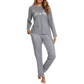 GAESHOW Women's Cotton Pajamas with Cute Print, Ladies Cozy Long Sleeve Lightweight Nightwear Soft Pjs Lounge Sets Grey