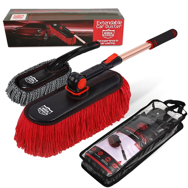 RIDE KINGS Car Duster Exterior Scratch Free,Car Dust Brush with Extendable Telescoping Handle to Remove Dust Pollen,Duster for Car,Truck,RV and Motorcycle,Large Car Mop Duster Head, Wax Cotton Hair