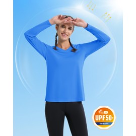 MAGCOMSEN Womens UPF 50+ Long Sleeve Shirts Moisture Wicking UV Shirts V Neck Rash Guard T-Shirts for Running Azure, XL