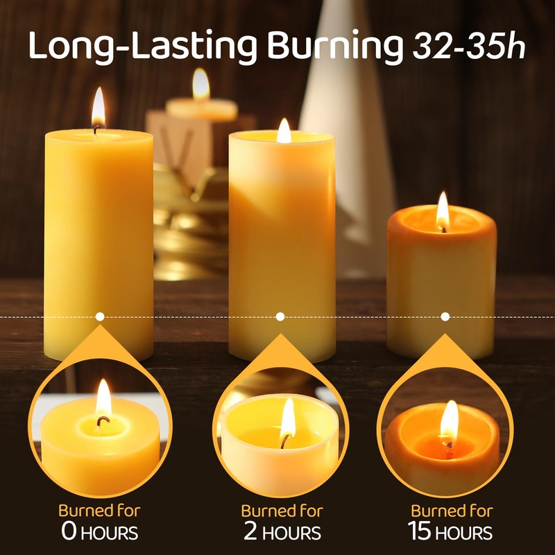 Natural Beeswax Pillar Candles,140 Hours Long Burning Pure Beeswax Candles