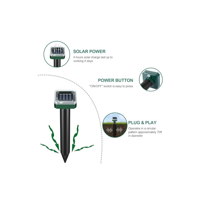 Mole Repellent for Lawns 8 Pack, Solar Powered Mole Repeller