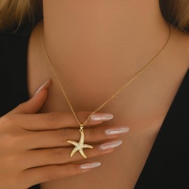 NONAMOIS 18K Gold Plated Dainty CZ Starfish Pendant Necklace for Women Stainless Steel Simple Gold Charm Choker Necklace Trendy Ocean Summer Beach Jewelry