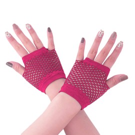 HD Novelty Fingerless Fishnet Gloves Diva Women Black 80s Retro Vintage Nylon Stretchy Mesh Gloves for Kids Girls Dance Disco Costume Parties Supplies Accessories (Neon Pink)
