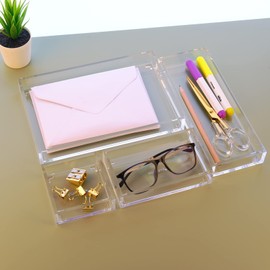 EXPUTRAN Clear Acrylic Desk Organizer for Office or Home Desk Drawer Dividers, Makeup Vanity Storage Bins, Stackable 5-Pack, Accessory Acrylic Tray/Half Accessory Tray/Small Tray