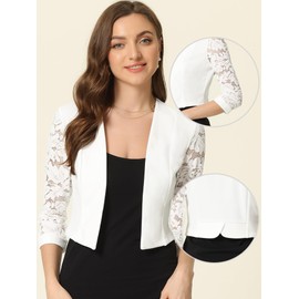 Allegra K Lace Shrug Top for Women's Open Front Work Office 3/4 Sleeve Floral Cropped Bolero Cardigan White L