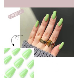 Meranti Colors Press On False Nails Medium Length Square Full Cover Acrylic Fake Nails for Women Lady Removable Summer Fashion Ballerina Nails for Nail Salons and Home DIY Nail Art 24 PCS (JP2078 Grass Green)