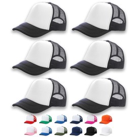 6 Pack/Pieces Trucker Caps Plain Hat with Front Foam Mesh Adjustable Unisex Bulk (AU, Alpha, One Size, Black-White)