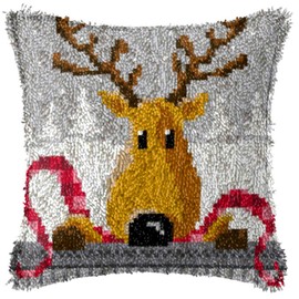 LAPATAIN Latch Hook Kits for DIY Throw Pillow Cover,Christmas Deer Needlework Cushion Cover Hand Craft Crochet for Great Family 17x17inch