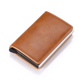 Coolker Credit Card Case, Anti-Skimming, Magnetic, Sliding Type, Aluminum, PU Leather, Men's, Women's, Brown