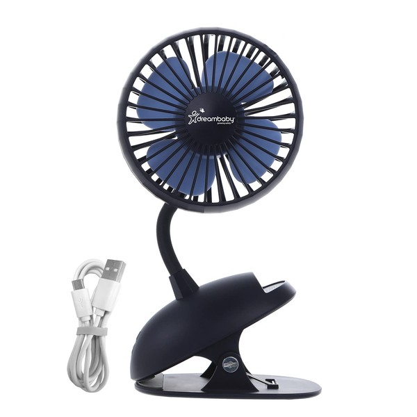 Dreambaby Deluxe Clip-On Stroller Fan - with Protective Cover & Flexible Neck - Suitable for Strollers, Playpen, Cribs, Table, & Desk (USB - Fan, Navy)