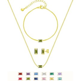 Birthstone Bracelet Necklace Earring Set for Women 18K Gold Plated Stainless Steel Birth Link Bracelet Pendant Studs Birthday Jewelry Gift for Mother and Daughter (August Peridot)