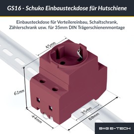 B+G E-Tech Schuko Steckdose [GS16] fr Hutschiene 16A 230V 2P+E - Einbausteckdose fr Verteilereinbau, Schaltschrank Z?hlerschrank Schutzkontaktsteckdose fr 35mm DIN Tr?gerschienenmontage (Dunkelrot)