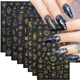8 Sheets Star Sun Nail Art Stickers 3D Self-Adhesive Gold Nail Stickers Star Moon Sun Snake Design Nail Art Supplies Designer Nail Decals Nail Stencils for Women Girls DIY Acrylic Manicure Accessories