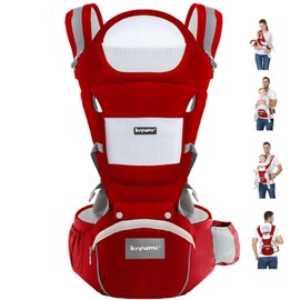 KIYUMI Baby Carrier with Hip Seat, Ergonomic M Position, Newborn to Toddler, Head Support and Breathable Mesh,Adjustable Removable 6- in-1 Baby Baby Sling Carrier (7-45 lbs) for Mom Dad, Red