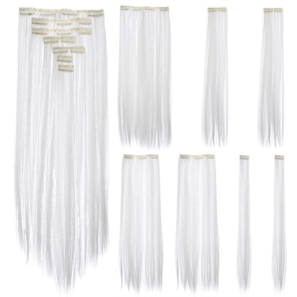 SWACC 7 Pcs Full Head Party Highlights Clip on in Hair Extensions Colored Hair Streak Synthetic Hairpieces (22-Inch Straight, White)