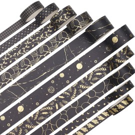 YUBX Creative Washi Tape Set 10 Rolls Gold Foil Print Decorative Masking Tapes for Art, DIY Crafts, Journals, Planner, Scrapbook, Packaging (Gold Dark)