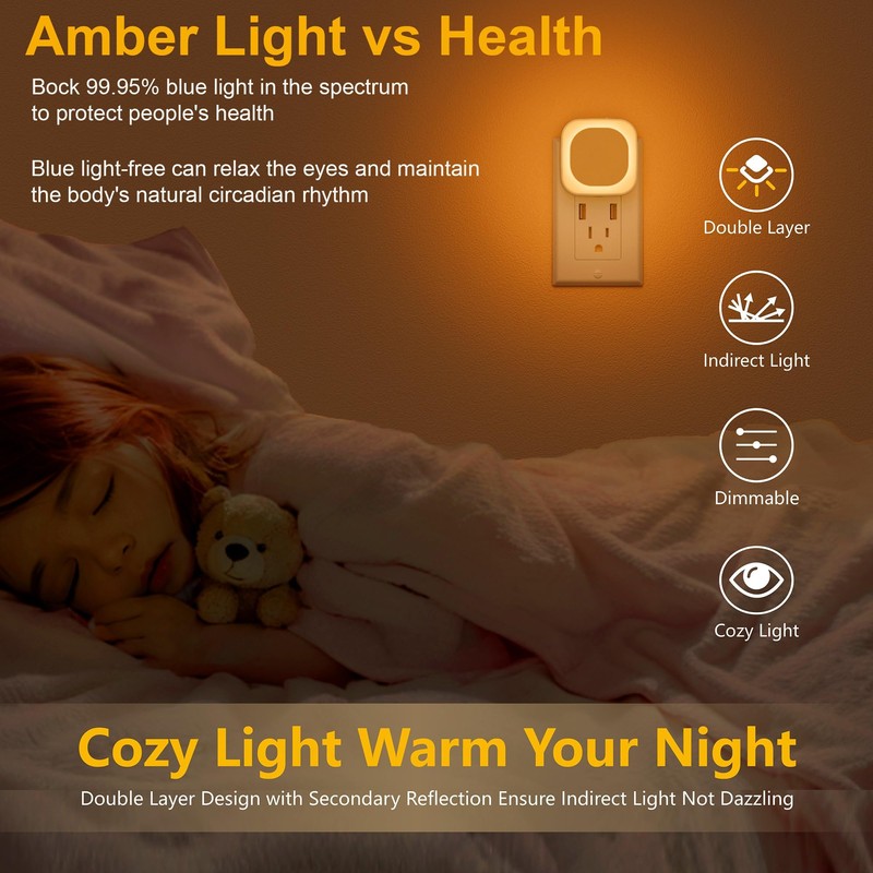 YUNLEX 4 Pack Amber Night Light, Dusk to Dawn Sensor,