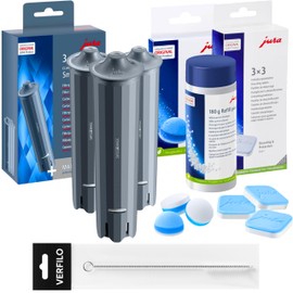 VERFILO Pflegeset für Kaffeemaschinen kompatibel mit JURA: 3x CLARIS Smart+ Filter (24233), 3-Phasen Reinigungstabletten 6 Stk, Entkalkungstabletten 3x3, Milchsystem-Reiniger 180g, Bürste VERFILO