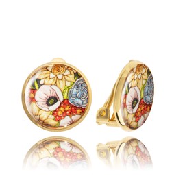 Handmade Comfortable Small Round Clip on Earrings - Non Pierced Ears for Women (Designed Orange Silver)